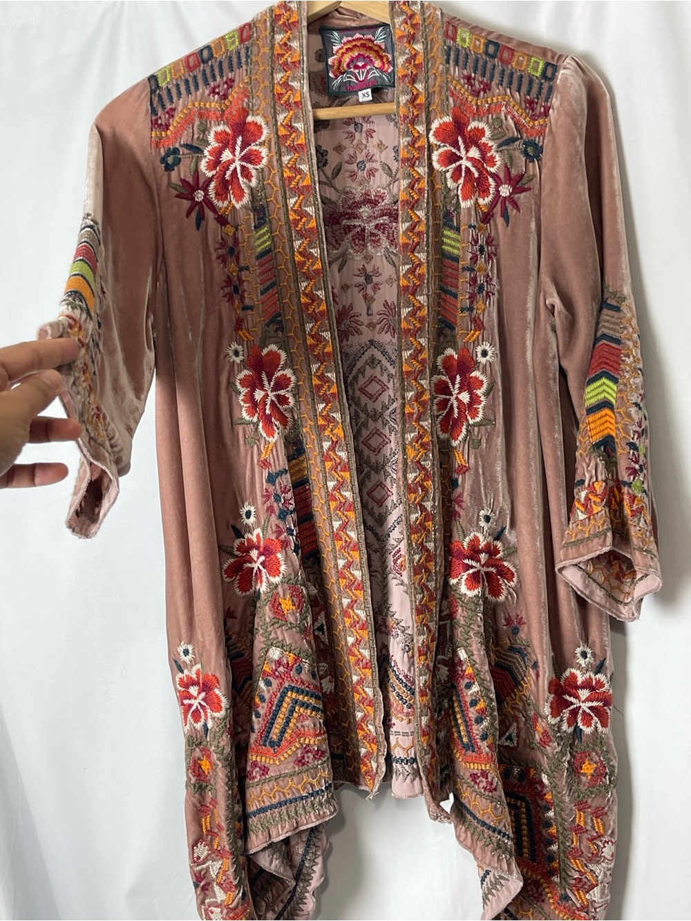 Johnny Was Waleska Velvet Draped Cardigan Rose Kimono Embroidered Boho XS